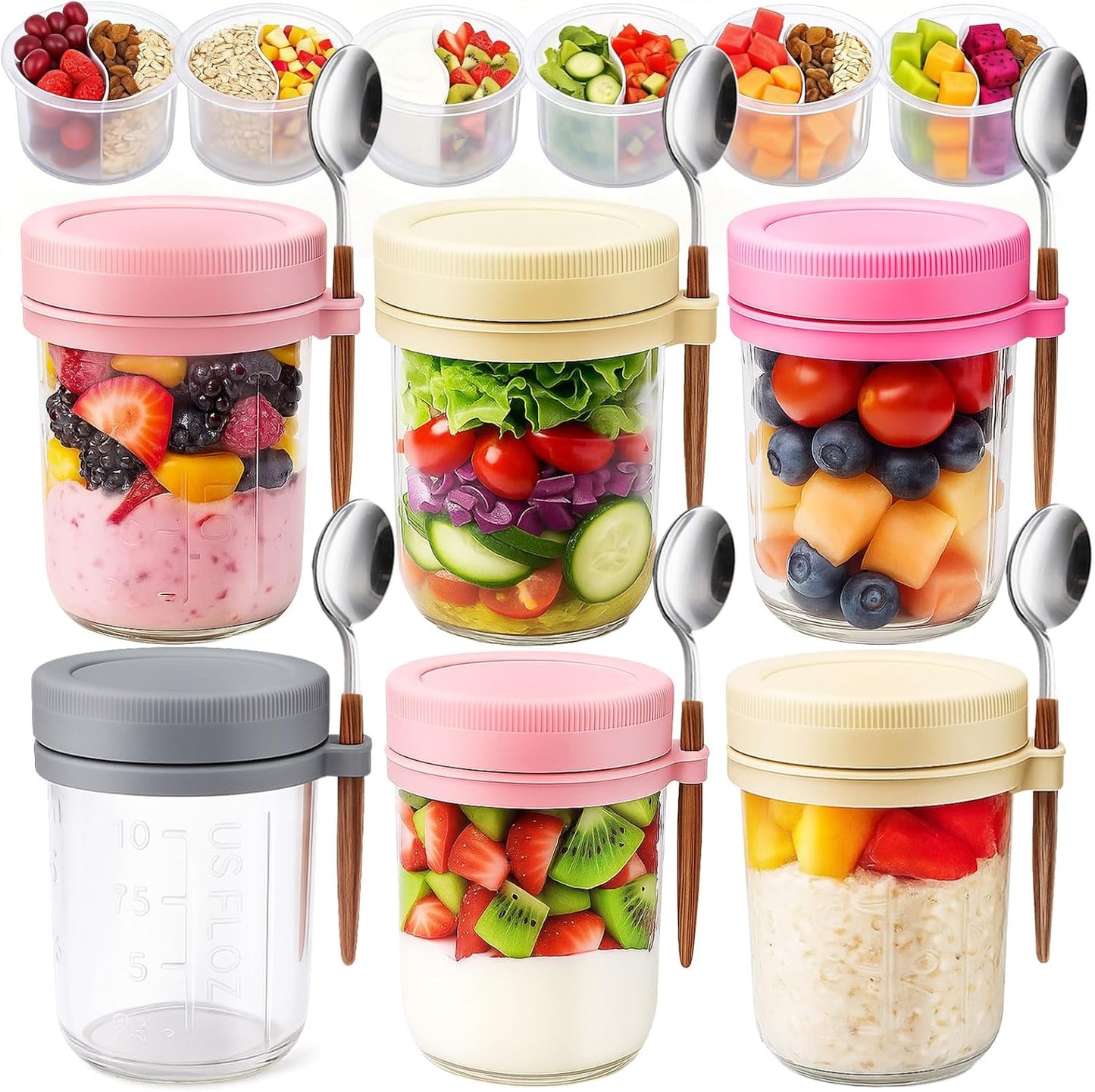 6 Packs Overnight Oats Containers with Lids, 16 Oz Glass Mason Jars with Spoons and Removable Separate Compartments Large Airtight Overnight Oats Jars for Milk Yogurt Fruit Salad