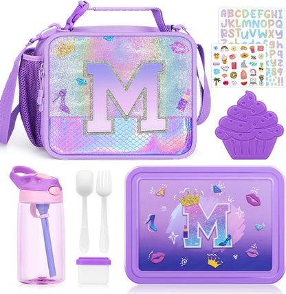 JYPS Lunch Box for Girls-Insulated Lunch Bag,Kids Bento Box with 6 Compartment,Water Bottle,Ice Pack,Salad Container,Perfect Lunch Container for Kids and Toddlers Back to School Age 7-15(Purple M)