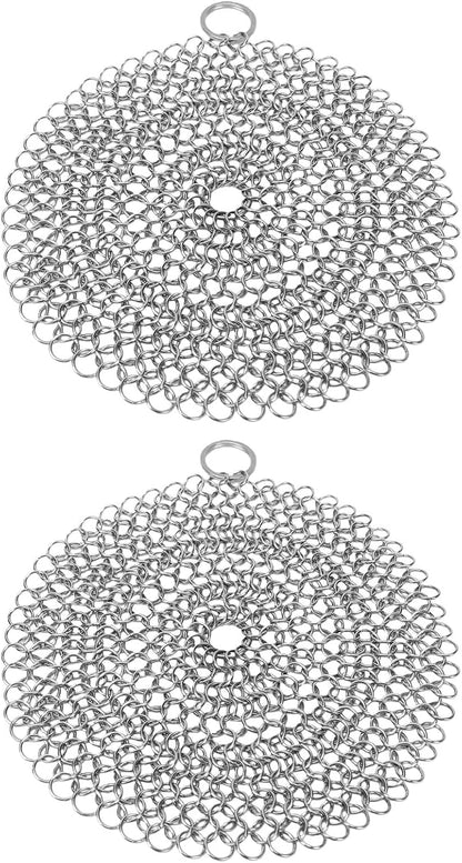Sanpyl 2 Pcs Stainless Steel Pie Weights, 17.5cm Baking Pie Weights & Chainmail Scrubber, 304 Stainless Steel Skillet Cleaner, 2 Sided Chain for Kitchen, Ideal for Cast Iron Pans (L)