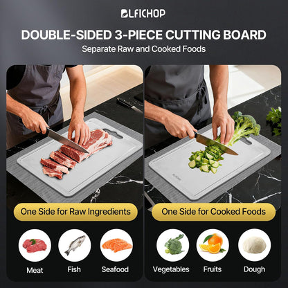 3pcs 100% Pure Titanium Cutting Boards with Juice Groove, Double-Sided Non-Toxic Chopping Boards for kitchen Meat, Vegetables and Fruits, Dishwasher Safe, Grey