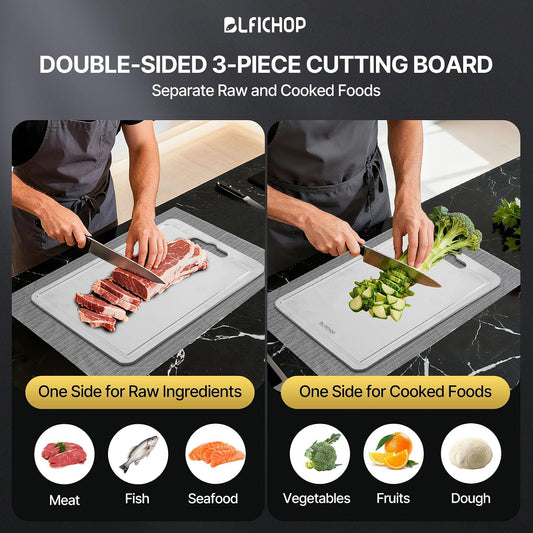 3pcs 100% Pure Titanium Cutting Boards with Juice Groove, Double-Sided Non-Toxic Chopping Boards for kitchen Meat, Vegetables and Fruits, Dishwasher Safe, Grey