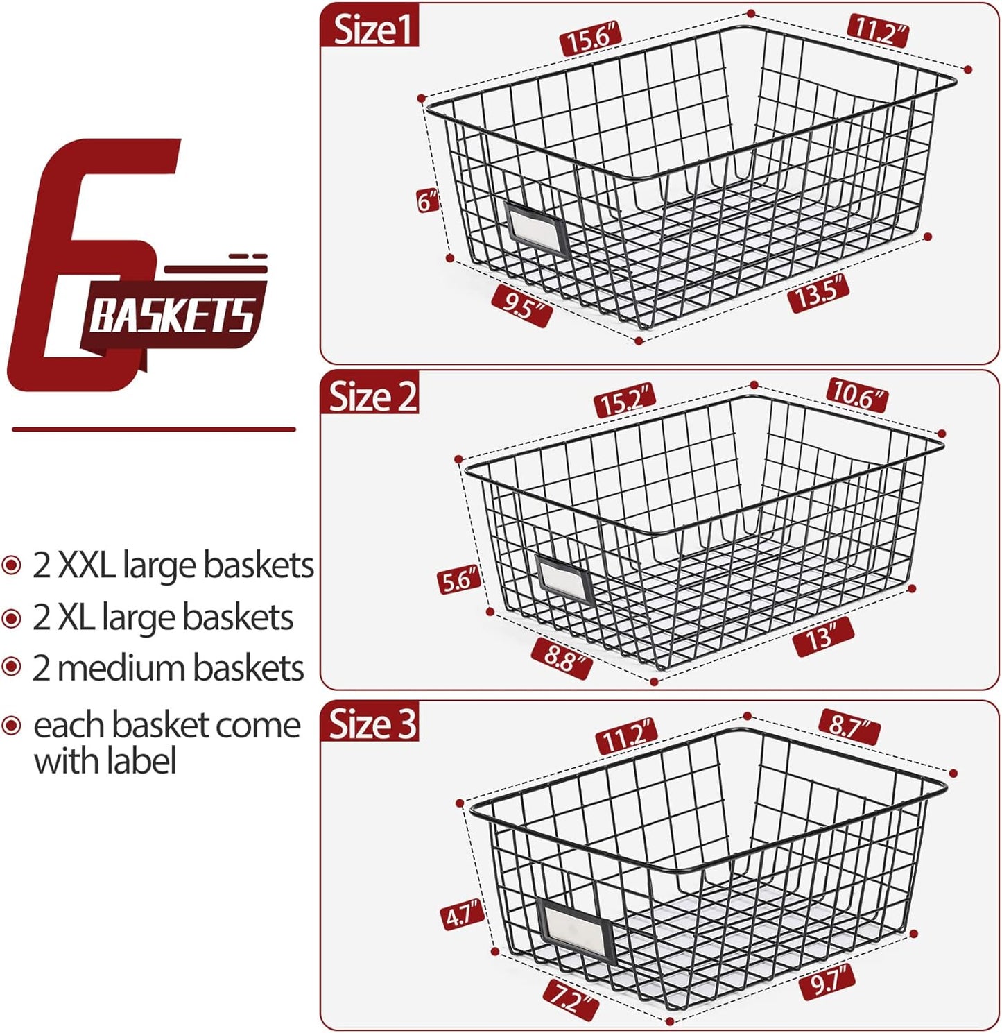 8 Set, Extra Large Wire Baskets for Organizing with Lables, Cabinet Pantry Organization and Storage Bins - Metal Basket for Kitchen, Laundry, Garage, Fridge, Bathroom Countertop Organizer, Black