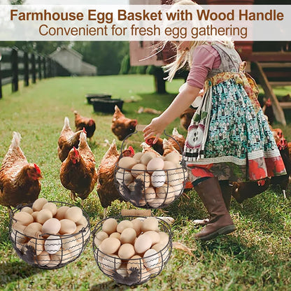 3 PCS 8’’ Farmhouse Egg Collecting Basket with Wood Handle, Rustic Metal Wire Chicken Eggs Holder Basket for Countertop Kitchen, Wire Egg Basket Vintage Style, Round, Rooster Pattern
