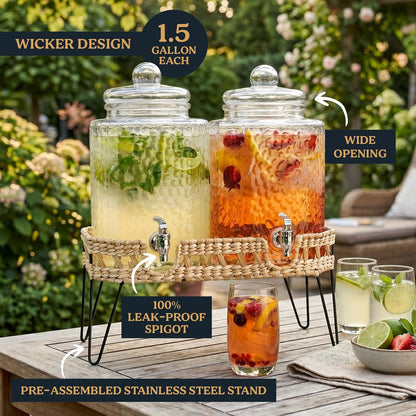 3 Gallon Glass Drink Dispenser with Metal Stand & Lid – Hammered Beverage Dispenser with Leakproof Spigot, Wide Mouth for Easy Fill – Ideal for Parties, Lemonade, Iced Tea, Sangria & More