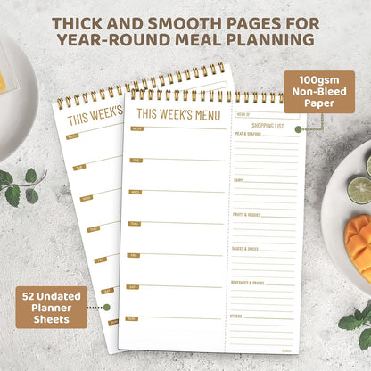 Decorably 52 Sheets Minimalist Undated Magnetic Weekly Meal Planner and Grocery List with 4 Strong Magnets, 7x10in Spring-Bound Refrigerator Mountable, Easy Tear-Off Design