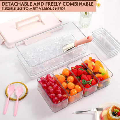 Chilled Condiment Caddy with Handle 4 Containers Taco Bar Serving set for a Party 1 Tong, 1 Ice Scraper, 4 Metal Forks, 20 Spoons for Mimosa Bar Supplies Accessories(Pink)