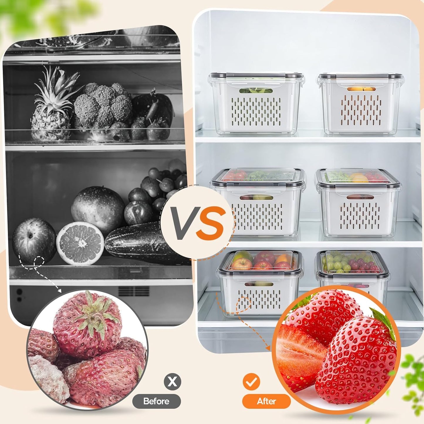 Fruit Storage Containers for Fridge - 6 Pack Produce Storage Containers with Removable Colander, Leakproof Refrigerator Fruit Organizers Keep Berry Veggie Salad Meat Fresh Longer, Largest 6.55 Quart