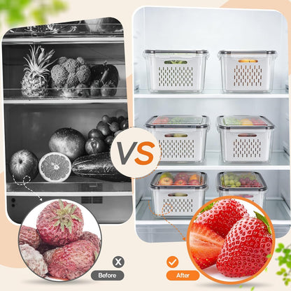 Fruit Storage Containers for Fridge - 6 Pack Produce Storage Containers with Removable Colander, Leakproof Refrigerator Fruit Organizers Keep Berry Veggie Salad Meat Fresh Longer, Largest 6.55 Quart