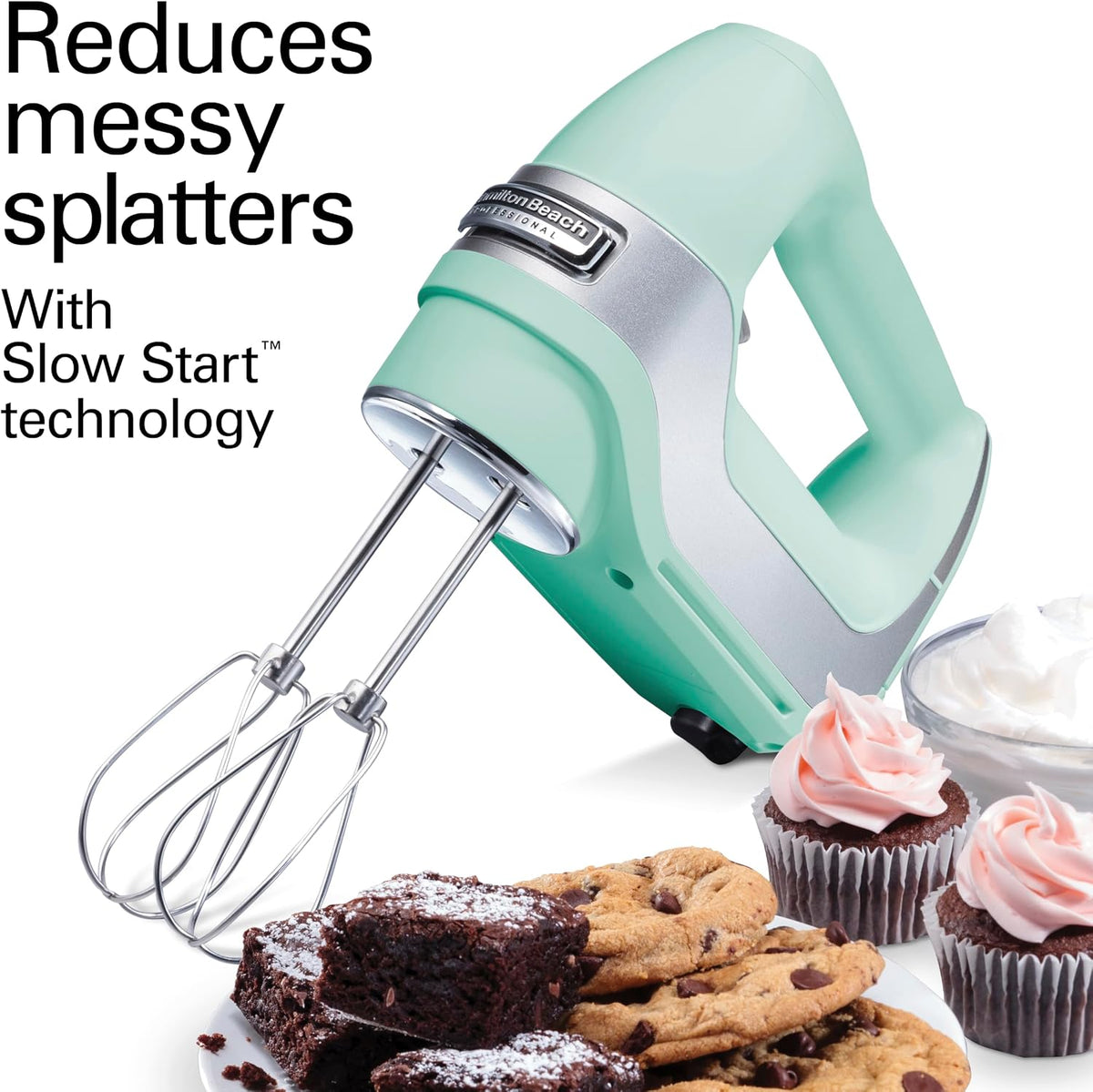Hamilton Beach Professional 5-Speed Electric Hand Mixer with Snap-On Storage Case, QuickBurst, Stainless Steel Twisted Wire Beaters and Whisk, Mint (62658)