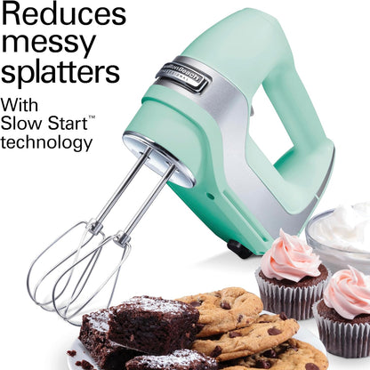 Hamilton Beach Professional 5-Speed Electric Hand Mixer with Snap-On Storage Case, QuickBurst, Stainless Steel Twisted Wire Beaters and Whisk, Mint (62658)