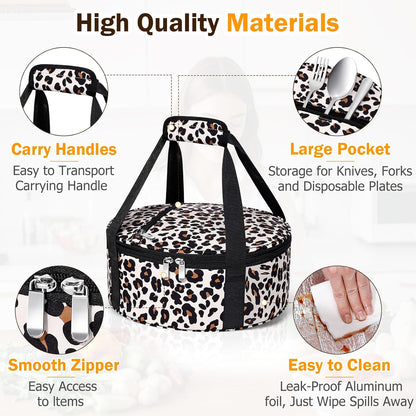 Round Insulated Casserole Carrier – 12" Portable Pie Carrier Bag for Hot or Cold Food, Leakproof Thermal Lunch Tote with Handle for Parties Picnic & Travel - Grey