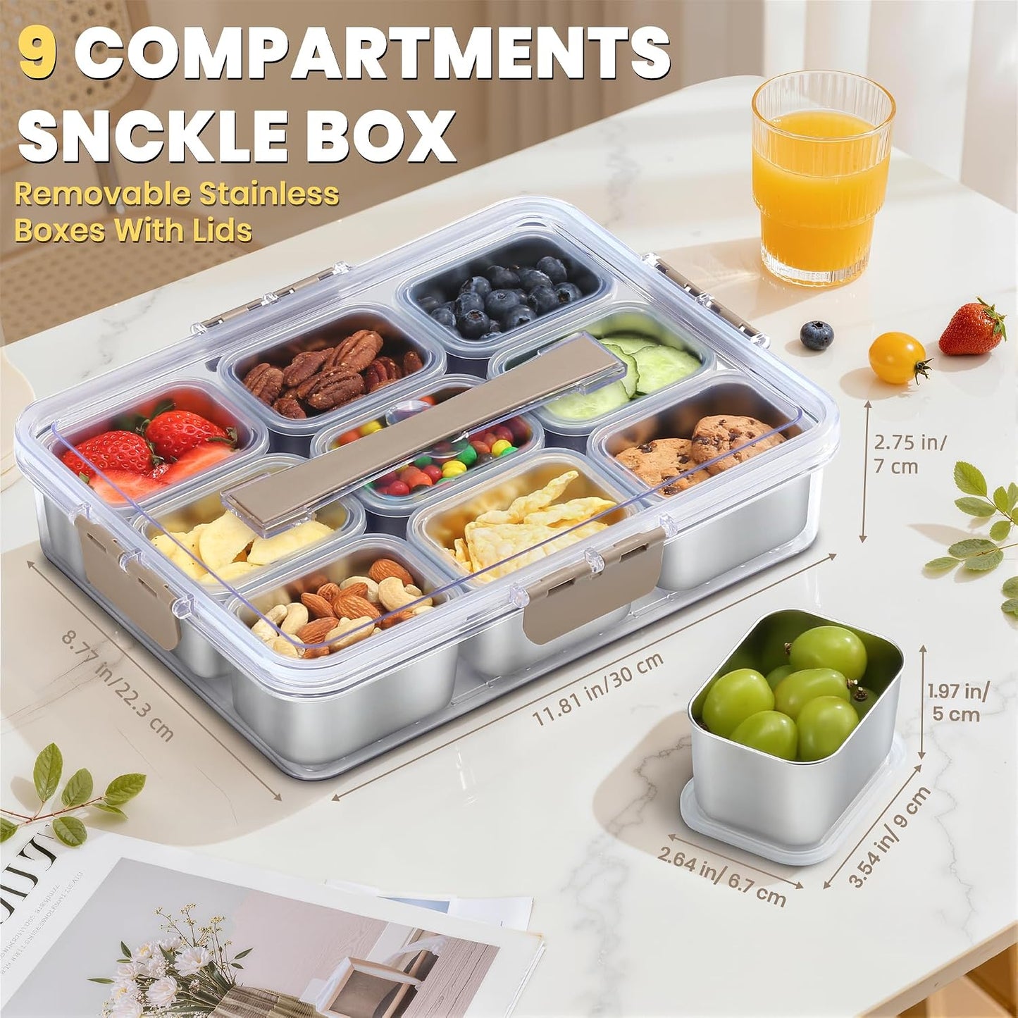 Snackle Box Container, Stainless Steel Snack Containers for Adults, 9 Compartments Divided Serving Tray with Lids and Handle, Portable Snack Platter for Parties, Grey