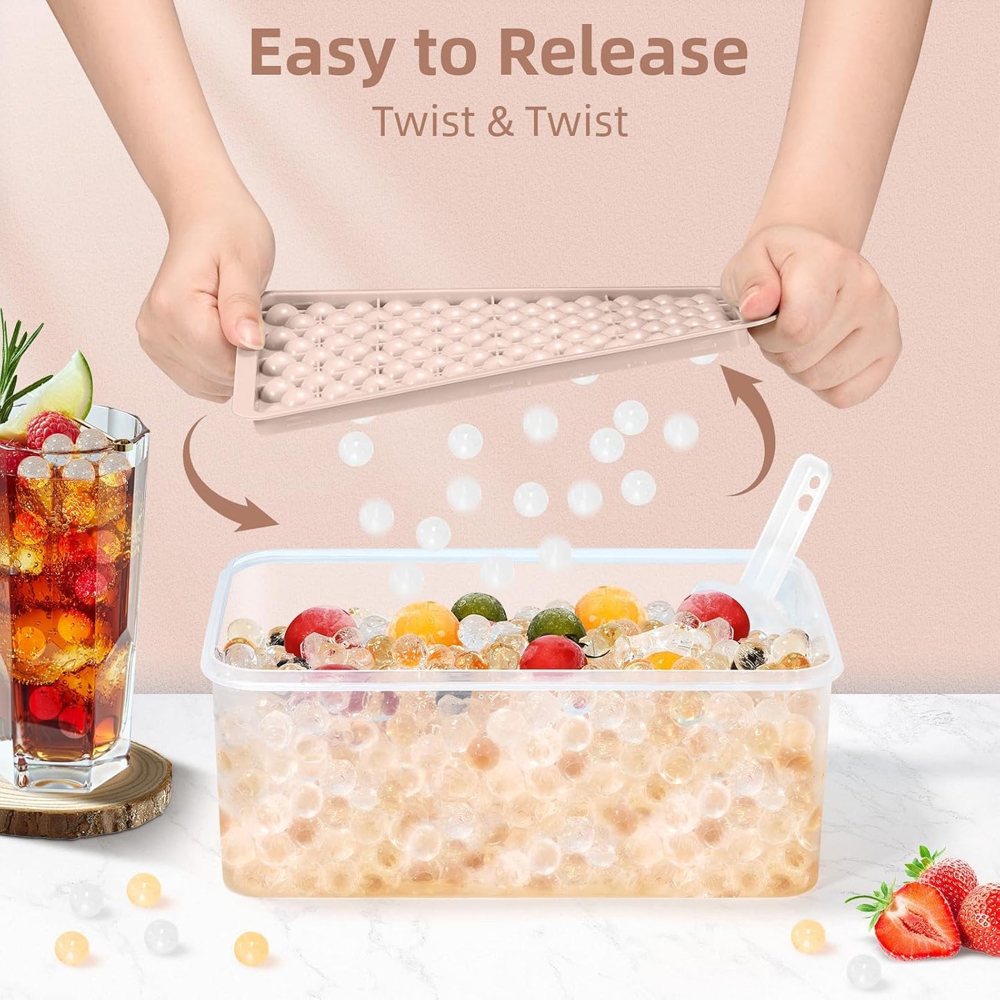 WIBIMEN Mini Ice Cube Trays, 0.55” Tiny Pebble Ice for Iced Coffee & Cocktails, Fast Chill, Easy Twist Release, Stackable with Lid & Storage Bin (2 Pack, Blue)