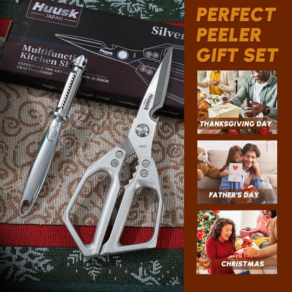 HUUSK Kitchen Scissors All Purpose - Stainless Steel Kitchen Shear, Sharp Silver Meat Scissors Dishwasher Safe, Heavy Duty Poultry Shears, Japanese Cooking Scissor for Food, Christmas Gifts for Women