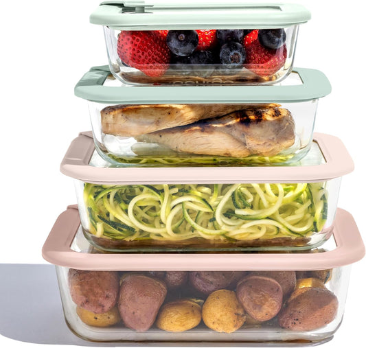 Bentgo Signature Leak-Proof Glass Food Storage - 8-Piece Set, 1-Compartment Plastic-Free Containers with Airtight Glass Lids, BPA-Free, Microwave, Freezer, Oven & Dishwasher Safe (White Stone)