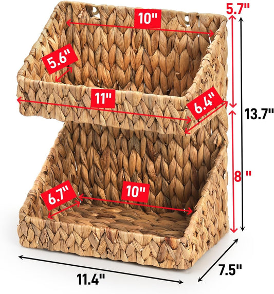 Pumtus 2-tier Handwoven Storage Basket, Water Hyacinth Standing Rack, Kitchen Countertop Organizer, Hanging Bathroom Basket, Fruit Vegetable Holder, Storage Shelf for Home Organization