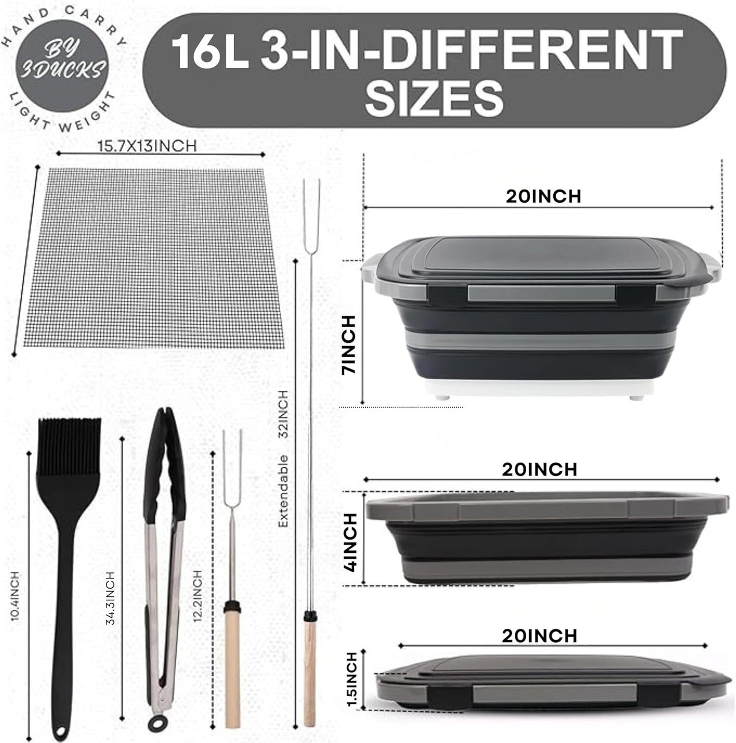 Collapsible BBQ Prep Tub 8L Black | Portable Meat Marinating Container with Locking Cutting Board Lid, BBQ Tongs, 2 Meat Shredding Claws & 2 Heat-Resistant Grill Gloves for Camping & Grilling