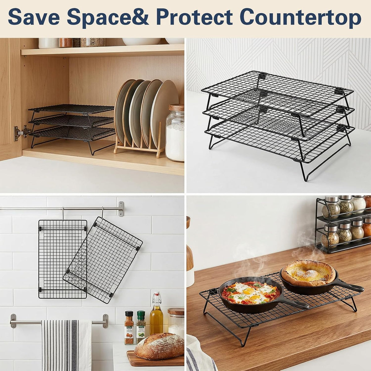 3-Tier Stackable Cooling Rack for Cooking and Baking, 17" x 11" Large Black Wire Cooling Rack, Foldable & Heavy Duty Cookie Cooling Rack, Oven Safe Baking Rack
