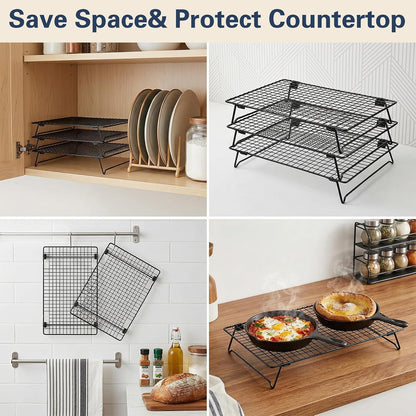3-Tier Stackable Cooling Rack for Cooking and Baking, 17" x 11" Large Black Wire Cooling Rack, Foldable & Heavy Duty Cookie Cooling Rack, Oven Safe Baking Rack