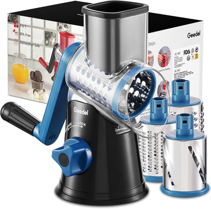 Geedel Rotary Cheese Grater, Kitchen Mandoline Vegetable Slicer with 3 Interchangeable Blades, Easy to Clean Rotary Grater Slicer for Cheese, Vegetables, Nuts