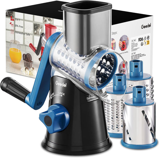 Geedel Rotary Cheese Grater, Kitchen Mandoline Vegetable Slicer with 3 Interchangeable Blades, Easy to Clean Rotary Grater Slicer for Cheese, Vegetables, Nuts