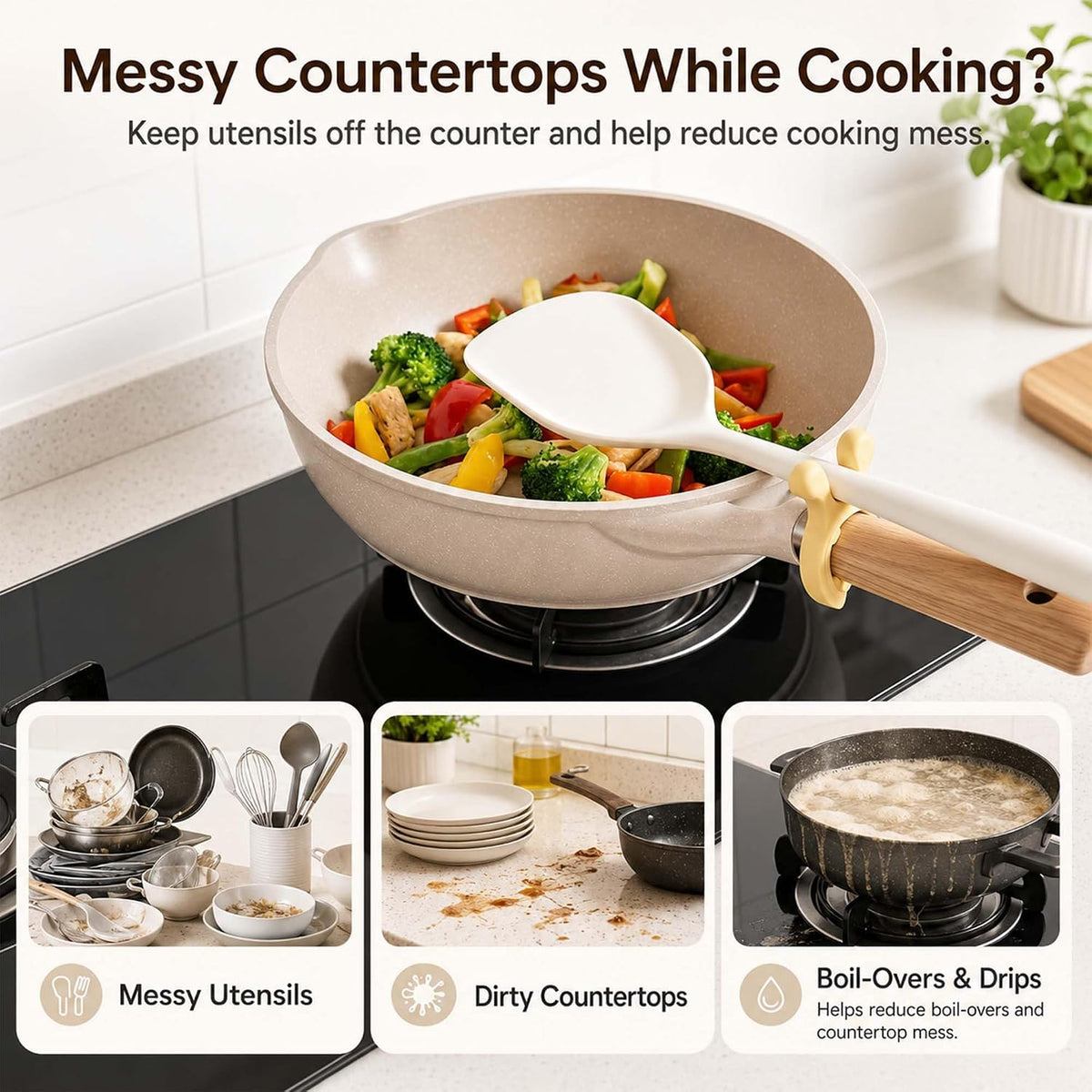 3-Pack Silicone Pot Clip Spoon Holder, Clip-On Spoon Rest and Lid Support, Non-Slip Pot Handle Utensil Rest, Helps Reduce Drips and Boil-Overs, for Pots, Pans and Bowls