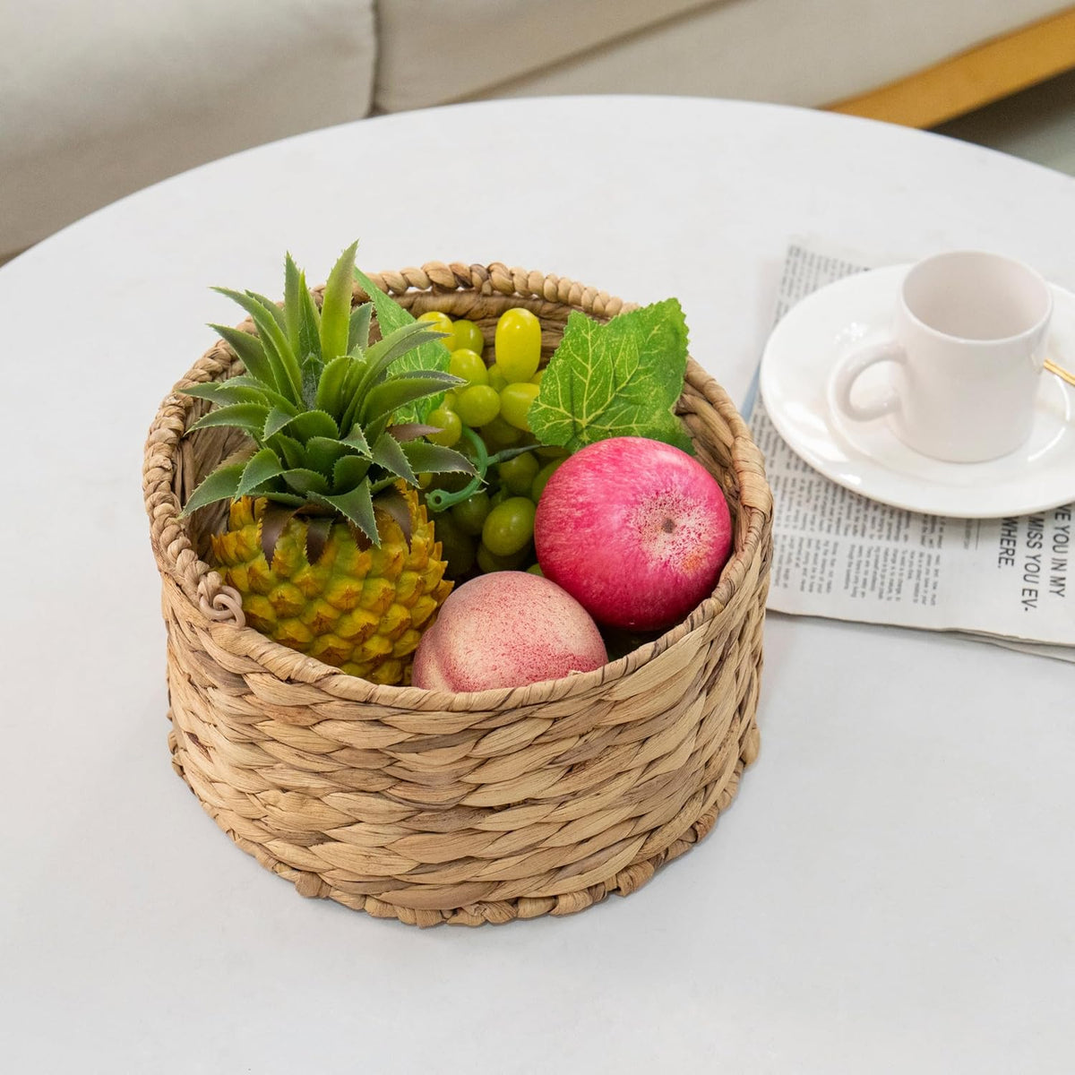Round Water Hyacinth Storage Basket Handwoven Boho Decor with Handle for Bathroom, Living Room & Kitchen Countertop Organizer 9.84” x 5.51”