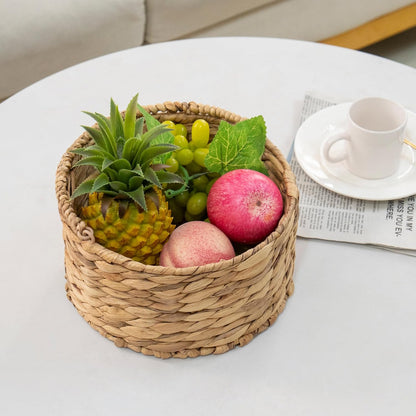 Round Water Hyacinth Storage Basket Handwoven Boho Decor with Handle for Bathroom, Living Room & Kitchen Countertop Organizer 9.84” x 5.51”