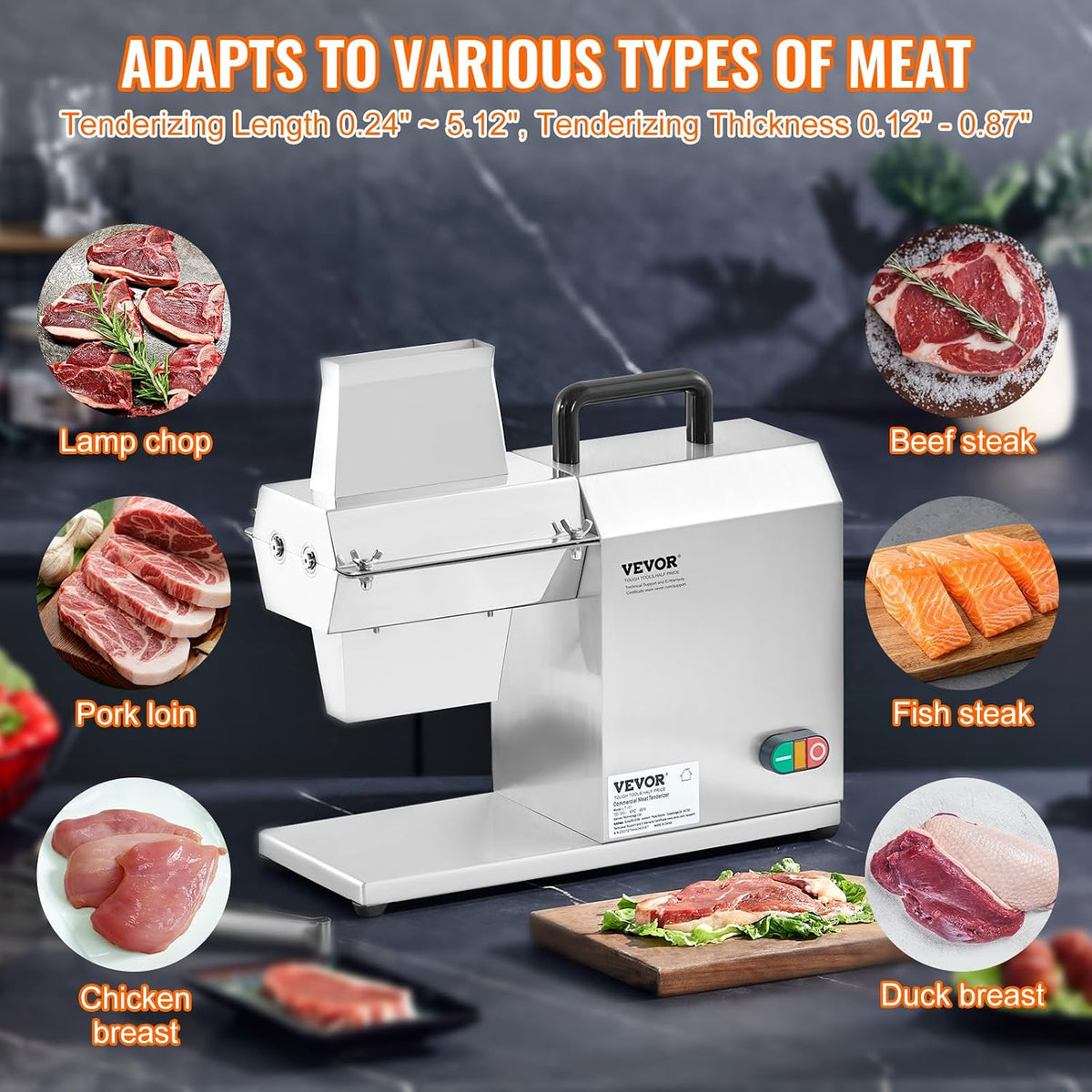 VEVOR Commercial Meat Tenderizer 17 Inch, Heavy Duty Stainless Steel Kitchen Tool with Handle, Meat Tong, and Cleaning Brush, 450W Electric Meat Tenderizer Machine for Beef,Turkey,Chicken,Pork,Fish