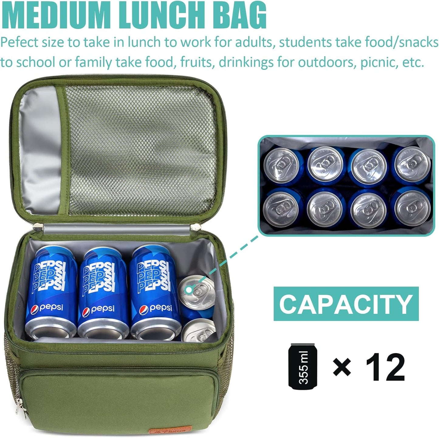 Tiblue Insulated Lunch Bag for Women/Men, Reusable Lunch Box for Office Work School Picnic,Leakproof Freezable Cooler Bag with Adjustable Shoulder Strap for Kid/Adult(Medium, Black & White Stripes)