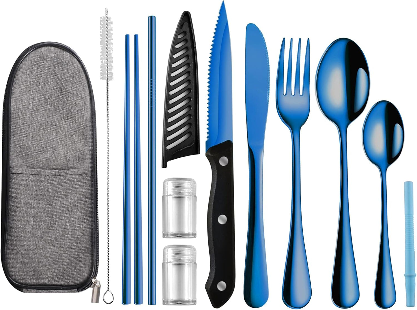Logcow Travel Utensils Set with Case, 10-Piece Reusable Stainless Steel Camping Cutlery, Portable Fork Spoon Knife Chopsticks & Straw for Work, Lunch, Picnic (Rainbow)