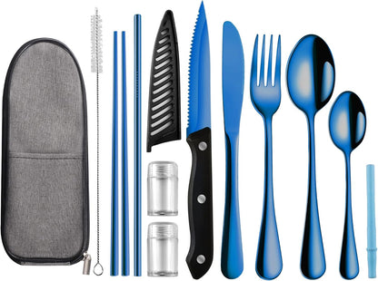 Logcow Travel Utensils Set with Case, 10-Piece Reusable Stainless Steel Camping Cutlery, Portable Fork Spoon Knife Chopsticks & Straw for Work, Lunch, Picnic (Rainbow)