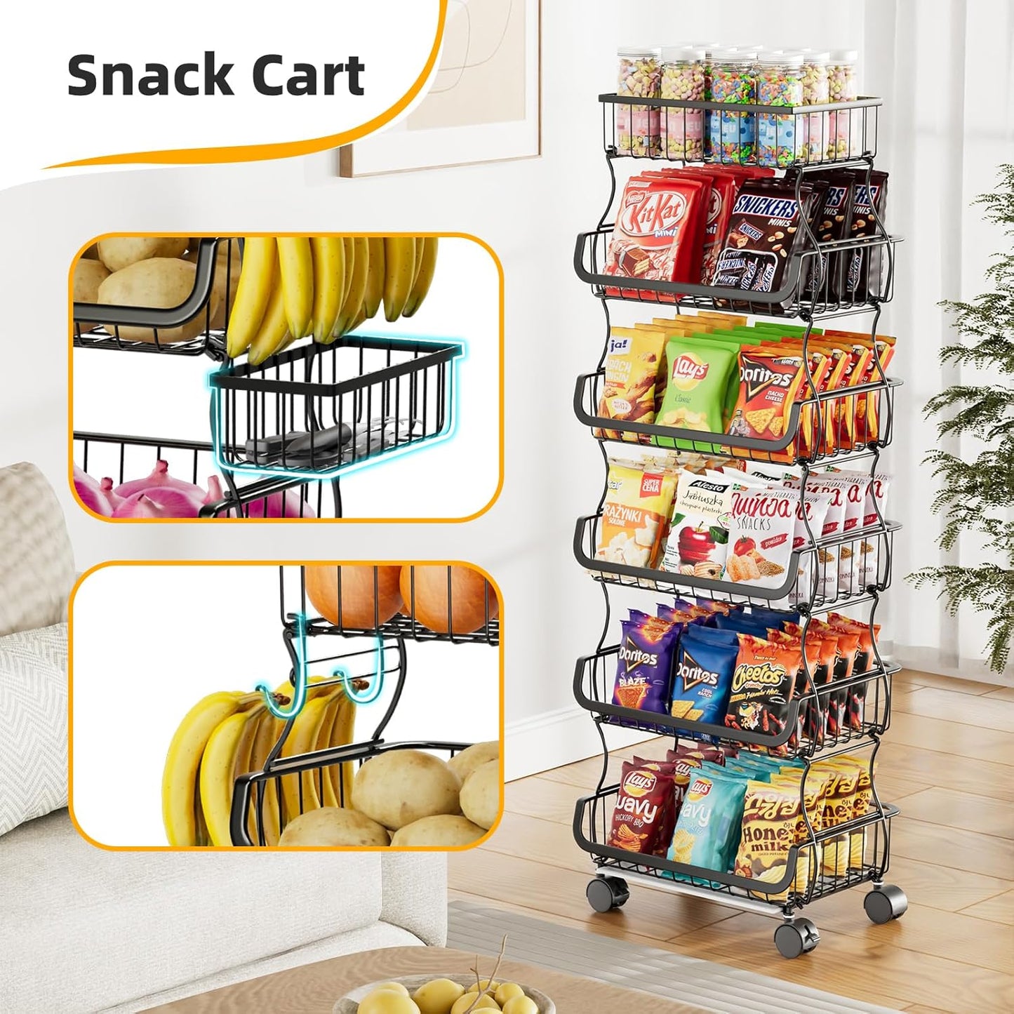 Simple Trending 4 Tier Rolling Cart, Stackable Fruit Vegetable Basket with Wheels and 2 Hanging Basket, Kitchen Storage Metal Wire Basket Stand for Vegetable Snacks, Black