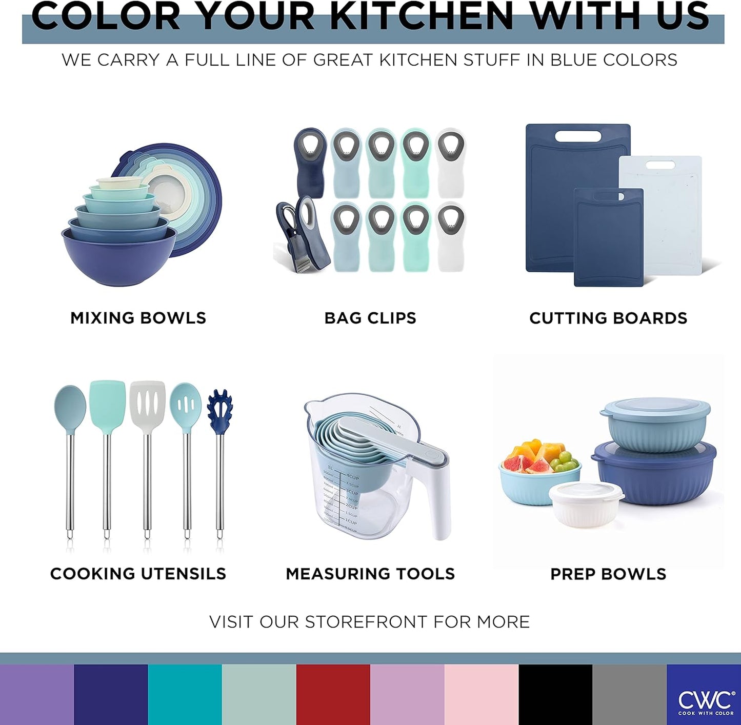 COOK WITH COLOR Prep Bowls with Lids- Wide and Deep Nesting Plastic Small Mixing Bowl Set with Lids, 8 Piece Set - Wide Bowls, Blue