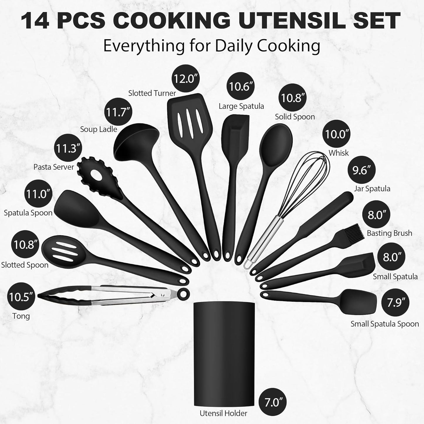 LIANYU 14 Pcs Silicone Kitchen Utensils Set with Holder, 446°F Heat Resistant Silicone Cooking Kitchen Utensils Spatula Set, Non-Stick & Dishwasher Safe Cooking Tools, Comfort Grip Handle, Black