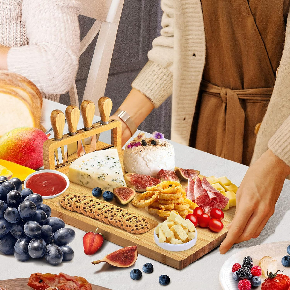 Bamboo Charcuterie Board Set with 4 Cheese Knives, Serving Platter