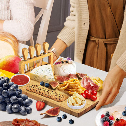 Bamboo Charcuterie Board Set with 4 Cheese Knives, Serving Platter