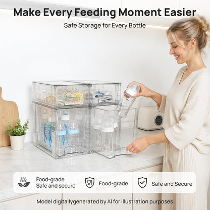 Vtopmart 4 Pack Clear Stackable Storage Drawers,Under Sink and Kitchen Organizers Storage,Easy to Assemble Plastic Drawers for Baby Bottle,Medicine, Bathroom,Cabinet and Pantry Organization