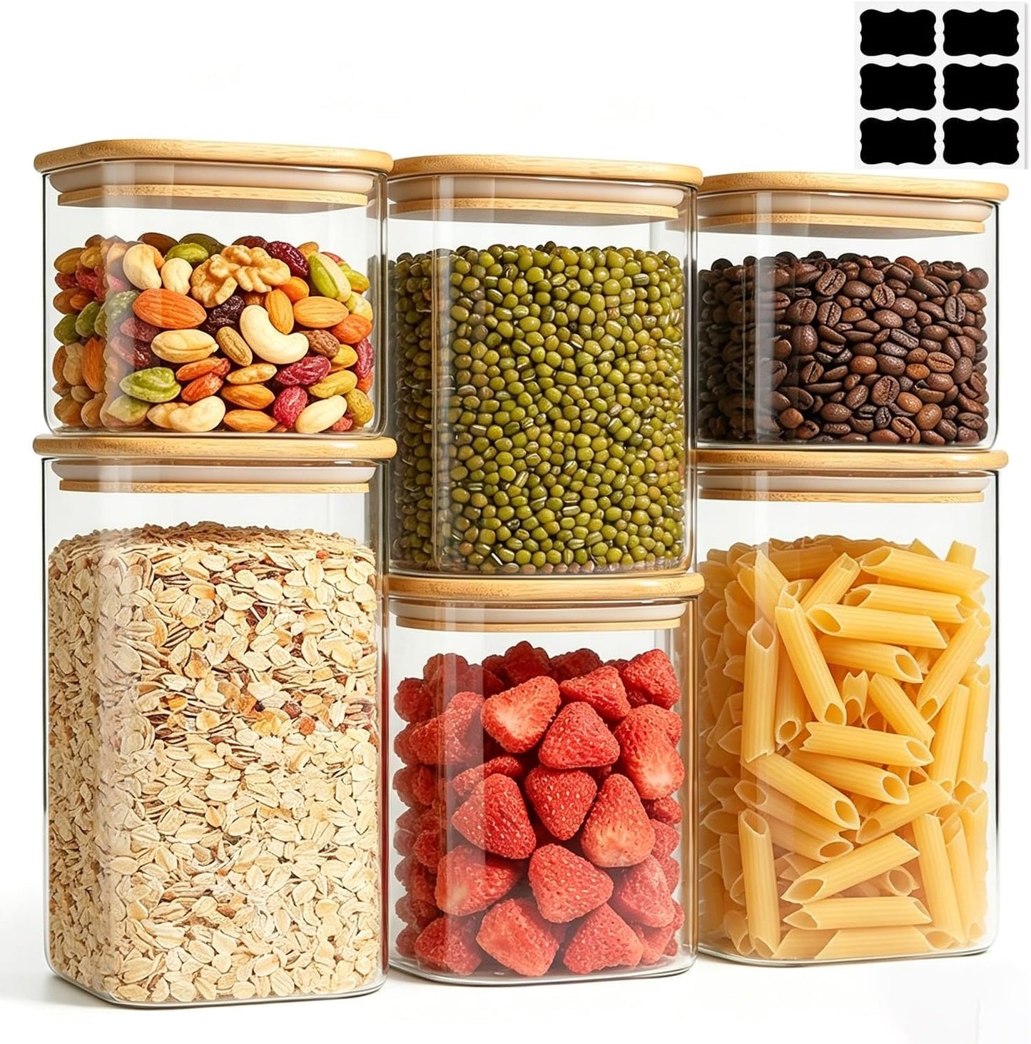 ComSaf Glass Storage Containers With Lids 6-Pack (0.7qt/1.2qt/1.6qt), Glass Pantry Storage Containers, Rectangular Glass Jars With Lid, Glass Canisters For Kitchen Flour Cereal Sugar Tea Coffee Bean