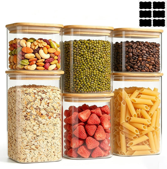 ComSaf Glass Storage Containers With Lids 6-Pack (0.7qt/1.2qt/1.6qt), Glass Pantry Storage Containers, Rectangular Glass Jars With Lid, Glass Canisters For Kitchen Flour Cereal Sugar Tea Coffee Bean