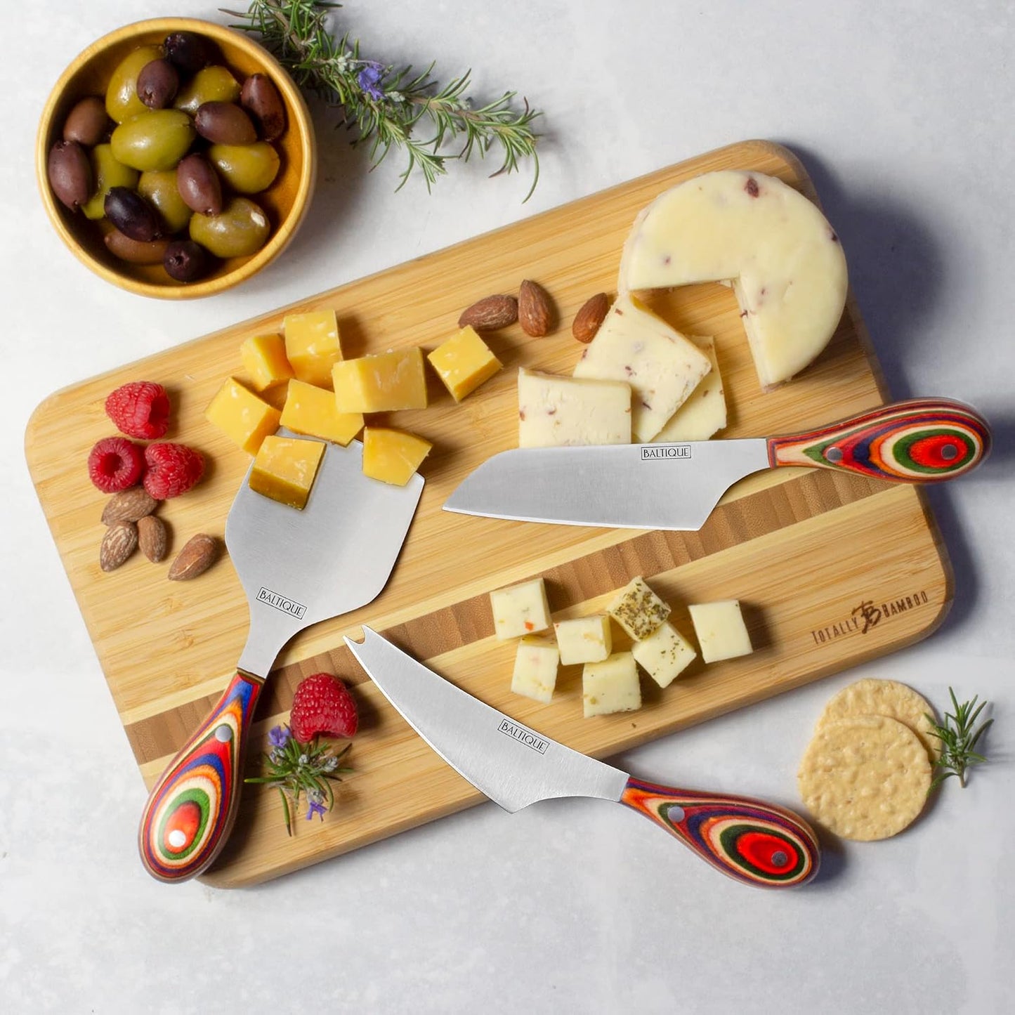 Totally Bamboo Baltique Marrakesh Collection 3-Piece Cheese Knife Set, Stainless Steel Cheese Knives with Colorful Wooden Handles for Charcuterie Boards