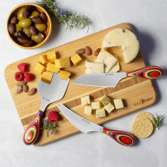 Totally Bamboo Baltique Marrakesh Collection 3-Piece Cheese Knife Set, Stainless Steel Cheese Knives with Colorful Wooden Handles for Charcuterie Boards