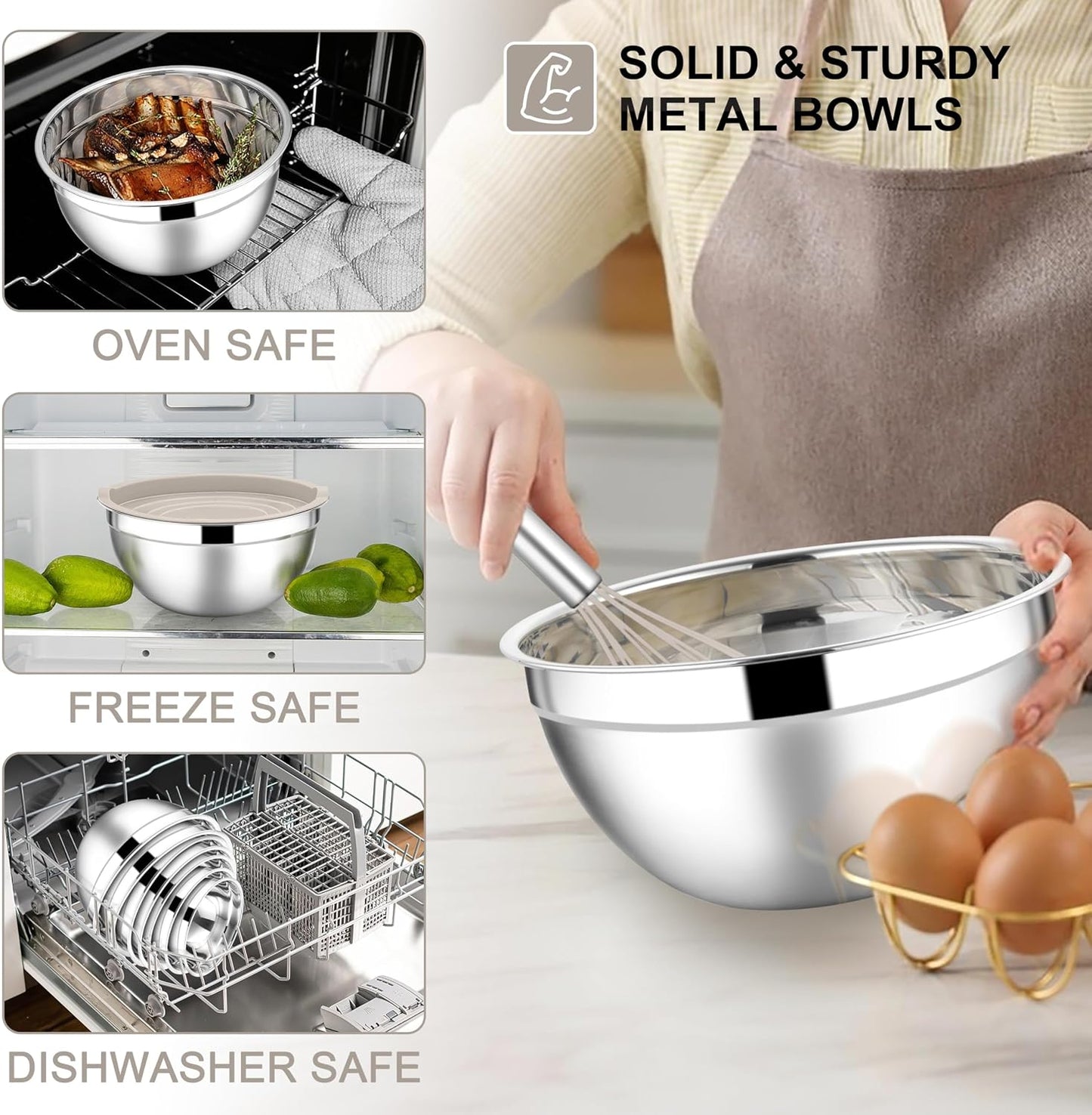 E-far Stainless Steel Mixing Bowls with Lids Set, 5-Piece Nesting Salad Bowls with 3 Grater Attachments and Non-Slip Bottoms, Size 4.6, 2.6, 2, 1.5, 1QT for Kitchen (Khaki)
