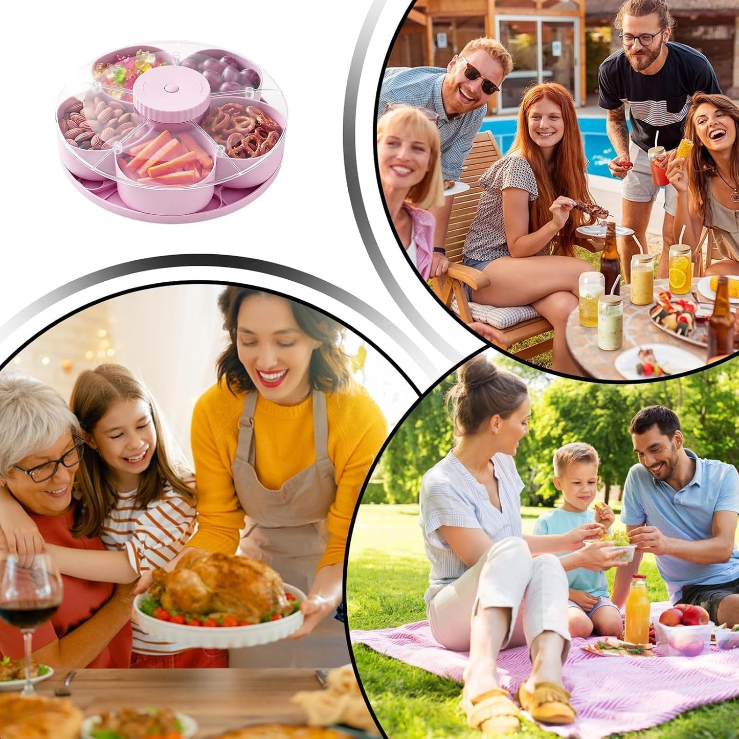Divided Serving Tray that Spins with Lid, Rotating Snack Tray with 5 Compartments, Divided Spin and Snack Serving Tray, Snack Organizer for Fruit, Nuts, Candy, Veggies, Party Appetizers (Gray)