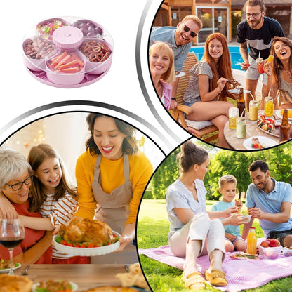 Divided Rotating Snack Tray with Lid, 5 Section Snack Serving Container for Party, Movie Night, Picnic & Travel, Fruit and Veggie Tray Organizer with Spin Design (Gray)