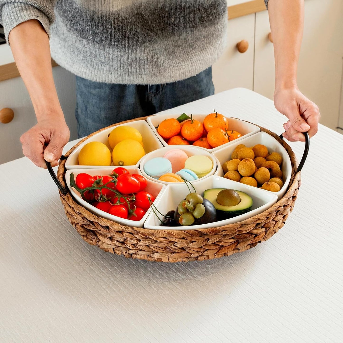 Ceramic Serving Tray, Food Tray 15.5 x 15.5 Inches,Divided Serving Platter with 6 Removable Dishes, Portable Handle Cattail Serving Bowls,Perfect for or Chips and Dip,Natural