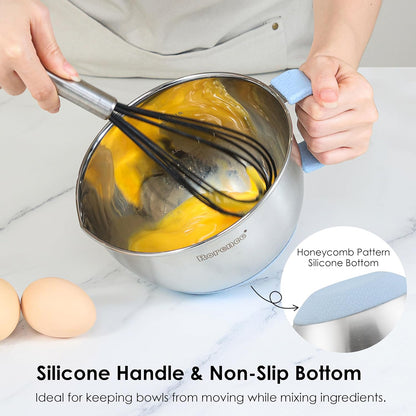 Rorence Stainless Steel Non-Slip Mixing Bowls With Pour Spout, Handle and Lid, Set of 3, Black
