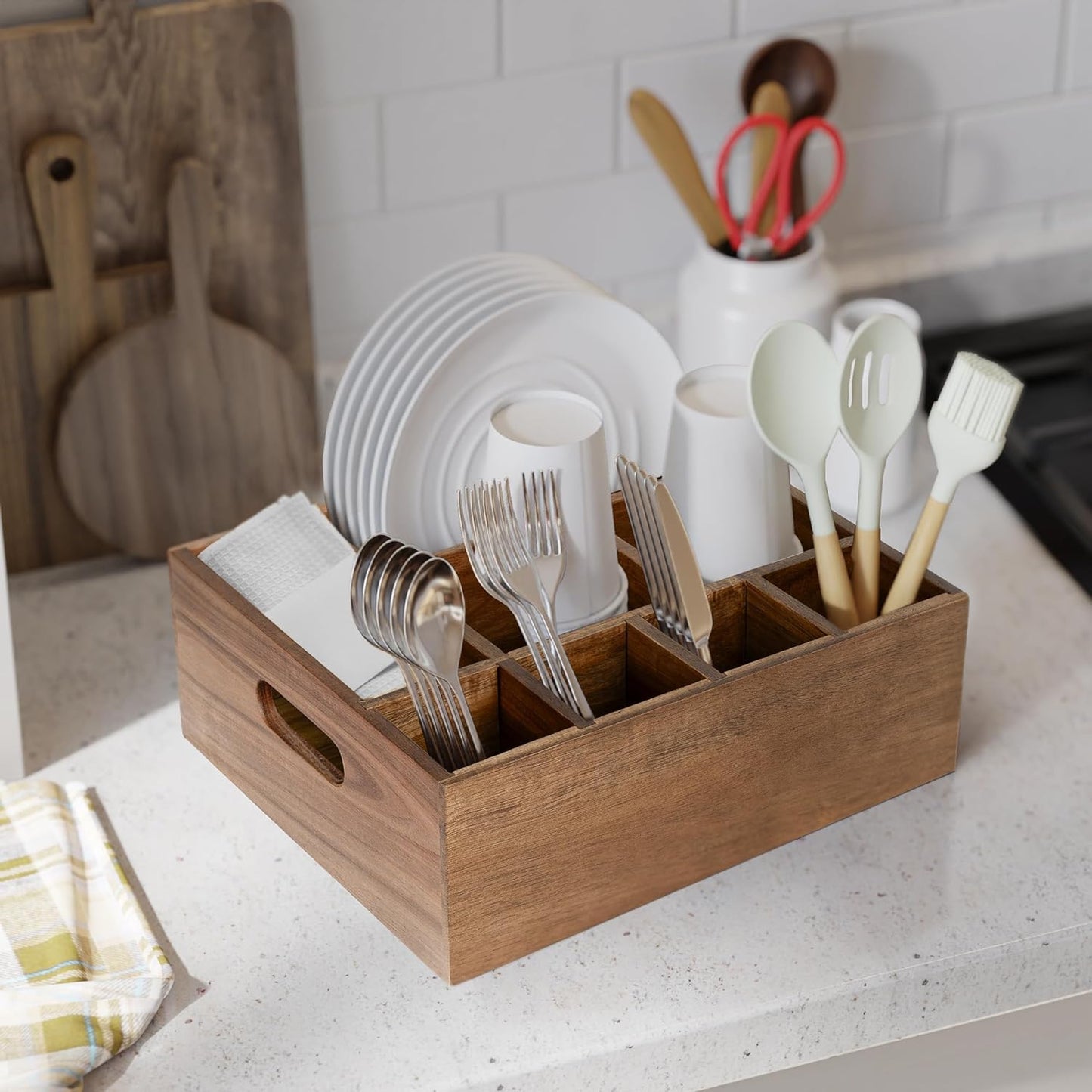 VaeFae Acacia Silverware Caddy with Handle, Wooden Utensil Holder, Mulip-pose Organizer for Kitchen, Office, Bathroom, Bedroom