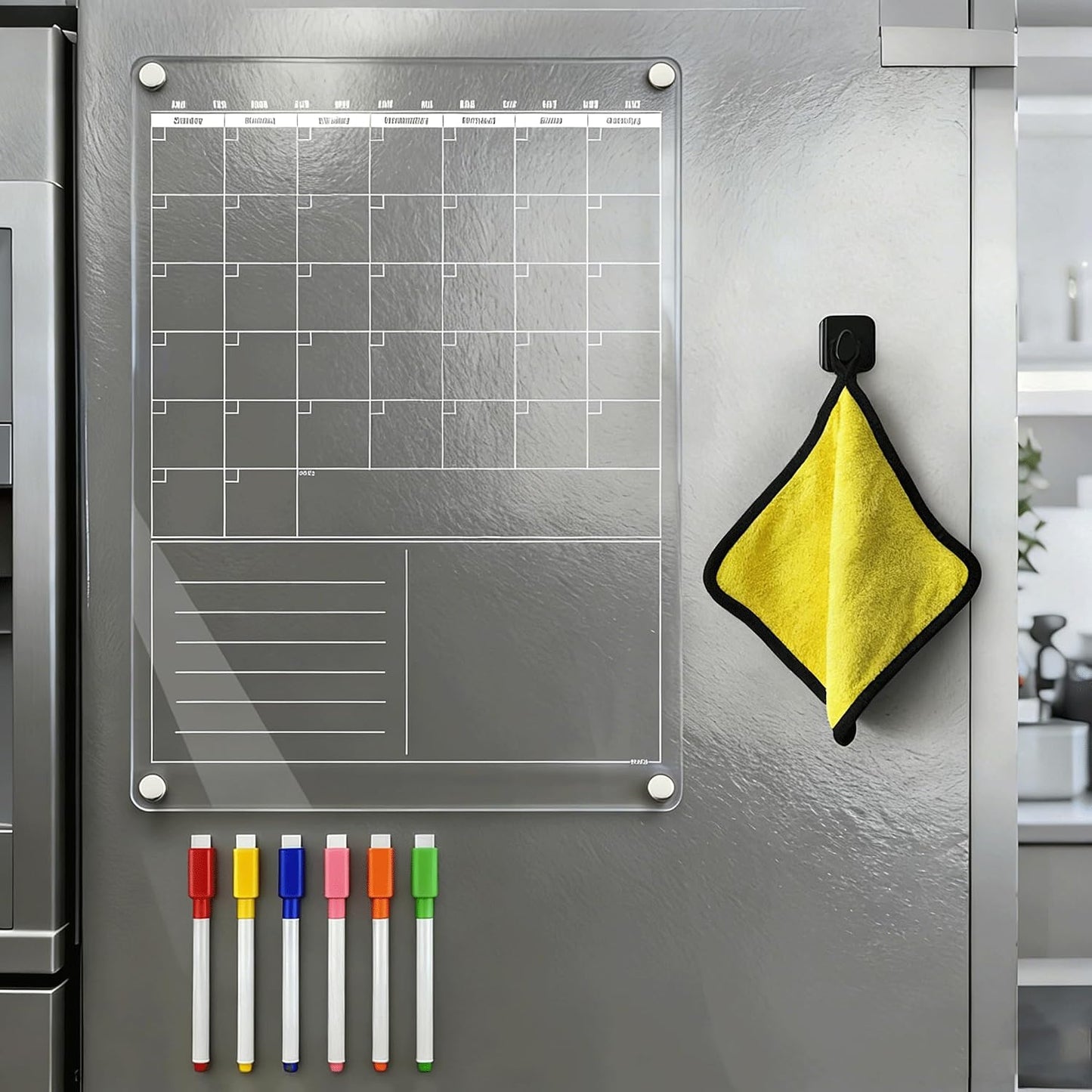 Acrylic Magnetic Dry Erase Calendar for Fridge Clear Vertical Monthly Whiteboard Planner Erasable Planning Board White 16" x 12" w/ 6 Color Wet Erase Marker
