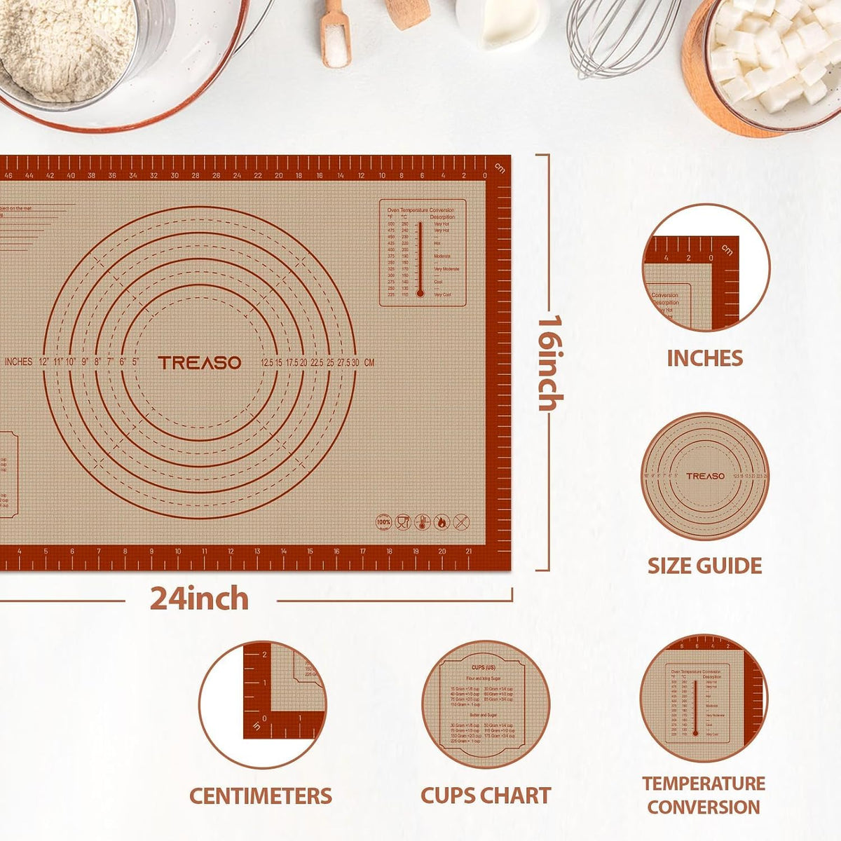 Silicone Pastry Mat, 24" x 16" Dough Mat, Rolling Mat for Baking